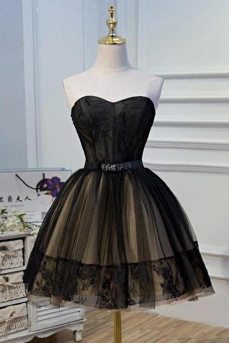 Black And Champagne Tulle Sweetheart Lace Short Party Prom Dress Homecoming Dresses Sa1086