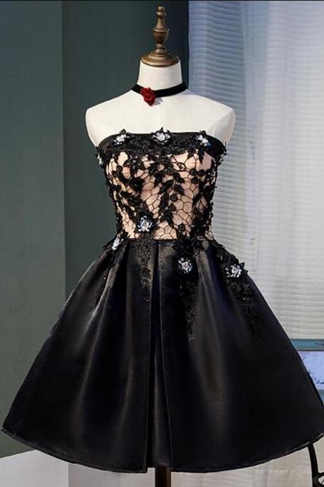 Black Satin With Lace Knee Length Prom Dress Homecoming Dress Party Dresses Sa1090
