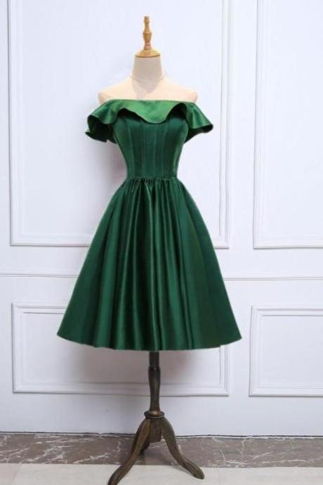 Green Satin Off Shoulder Knee Length Bridesmaid Dress Party Dresses Prom Dress Sa1093