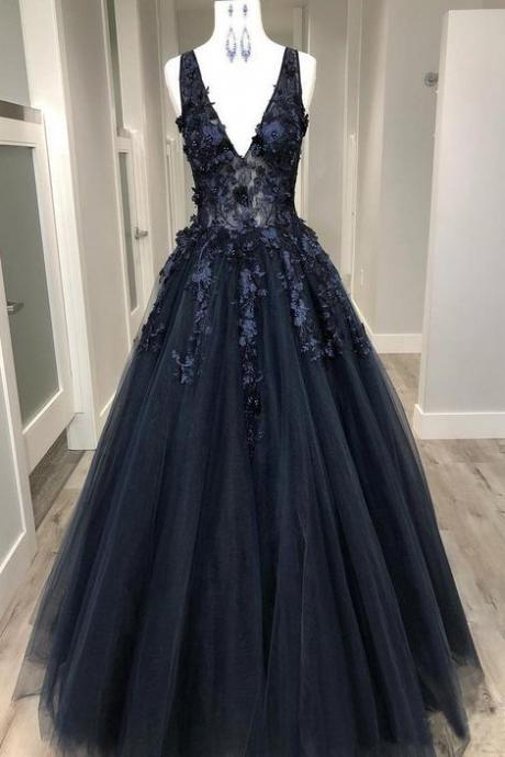 Navy Blue V Neck Style Prom Dress Sa1097