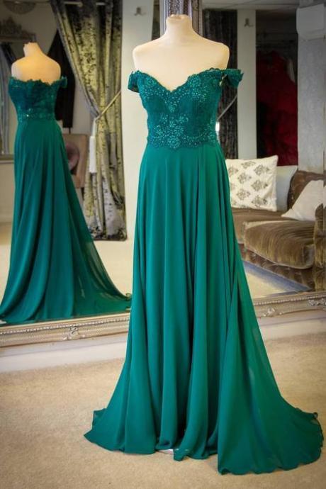 Green Prom Dress Off The Shoulder Straps, Formal Dress Sa1103