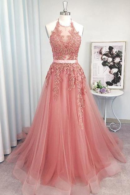 Pink Prom Dress Halter Neckline Formal Ball Dress Evening Dress Sa1105