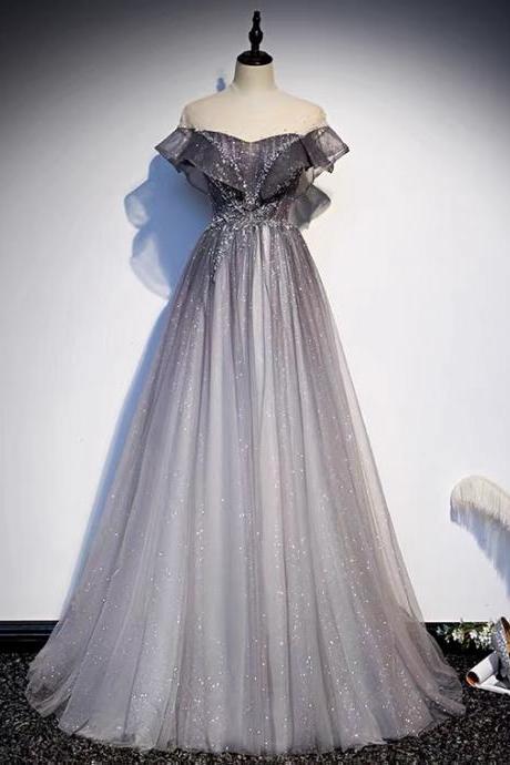 Grey Starry Prom Dress Off Shoulder Beaded Evening Dress Custom Made Sa1124