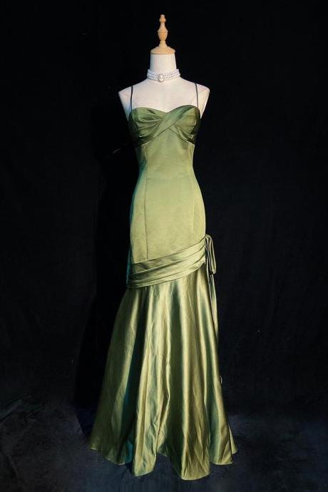 Green Satin Long Straps Floor Length Party Dress Formal Dress Prom Dress Sa1125