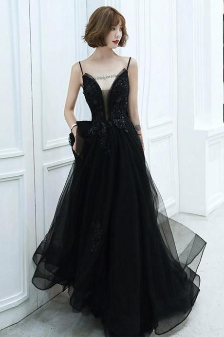 Black Straps V-neckline Long Tulle Prom Dress A-line Black Evening Party Dress Sa1127