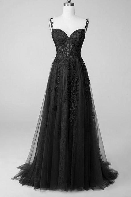 Tulle With Lace Straps A-line Prom Dress Black Long Evening Party Dress Sa1129