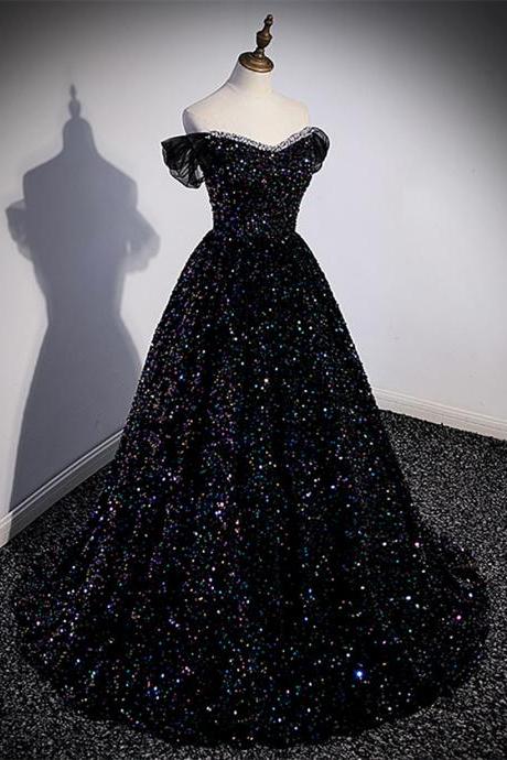 Sequins Off Shoulder Beaded Party Prom Dress Black A-line Black Formal Dress Sa1131