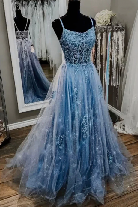 A-line Spaghetti Straps Blue Lace Prom Dresses Long Formal Dress Sa1133