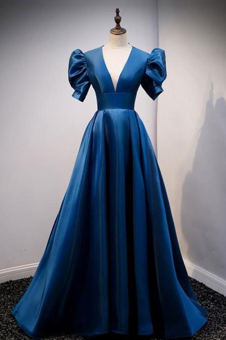 Blue Satin V-neckline Short Sleeves Party Formal Dress A-line Evening Dress Sa1140