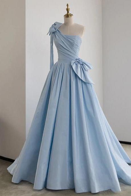 Satin One Shoulder Long Party Formal Prom Dress With Bow Blue Wedding Party Dress Sa1143