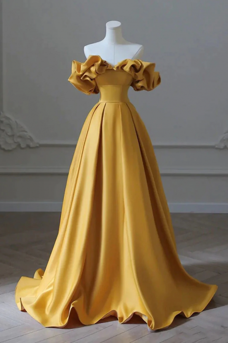 Gold Satin Off Shoulder Long Simple Party Evening Dress A-line Long Formal Prom Dress Sa1144