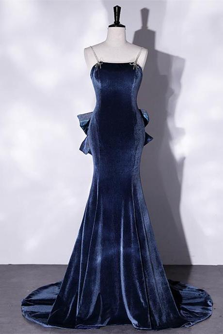 Blue Mermaid Long Evening Dress Low Back Wedding Party Formal Dress Sa1150