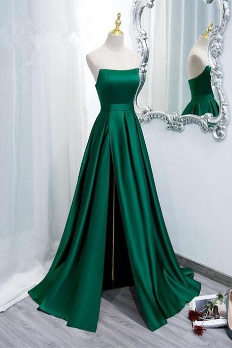 Strapless Green Satin Long Evening Formal Dress With Slit A-line Prom Dress Sa1151