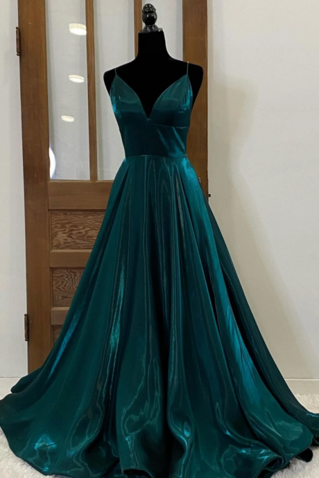 Green Satin Long Prom Formal Dresses Simple V-neck Evening Dresses Sa1154