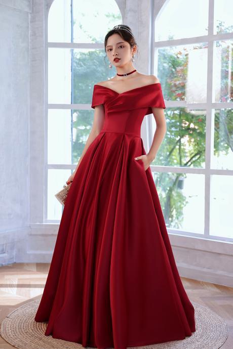 Handmade Custom Red Satin Off Shoulder Formal Dress Evening Dress Prom Dress Sa1156