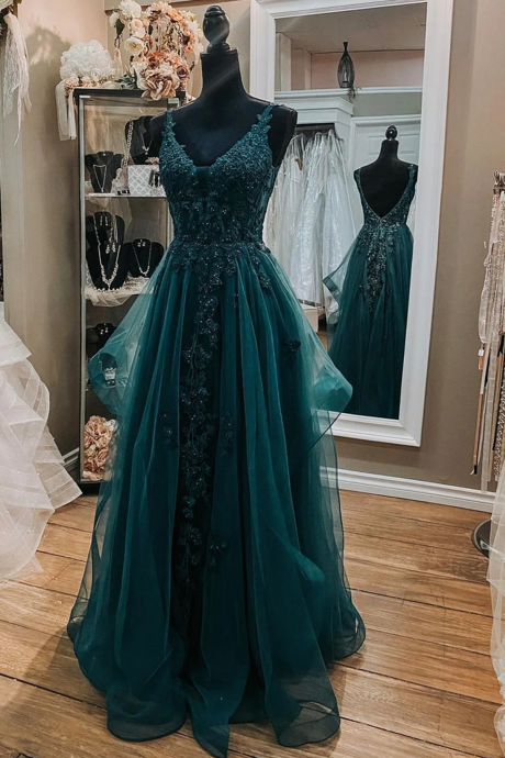Dark Green Tulle A-line Lace Formal Dresses Long Prom Dress Sa1159