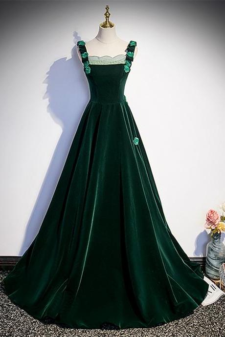 Green Velvet Straps Long Formal Gown With Flowers Wedding Party Evening Dresses Sa1166