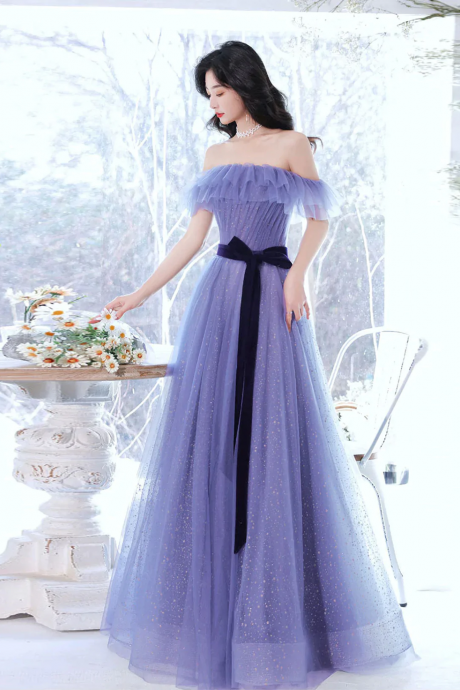 Hand Made Light Purple Tulle Off Shoulder Long Formal Dress With Bow A-line Evening Gown Sa1167