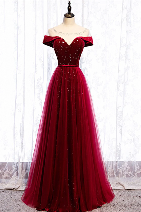 Burgundy Velvet And Tulle Long Formal Dress A-line Floor Length Prom Dress Sa1168