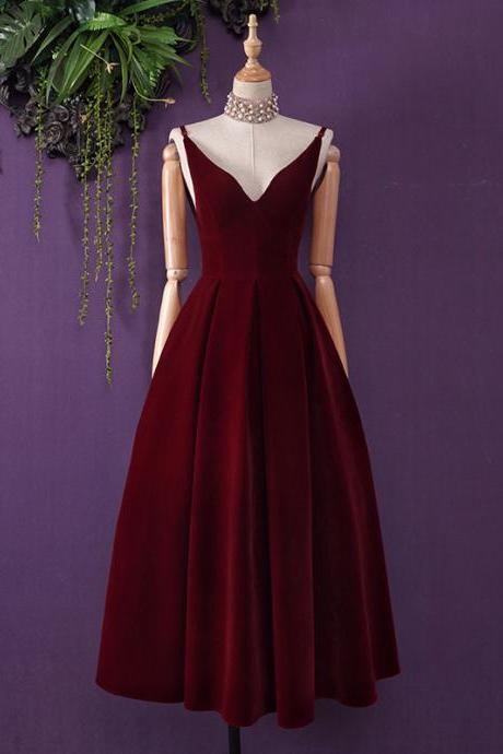 Wine Red Velvet Low Back Tea Length Evening Party Dress Burgundy Formal Gown Sa1171