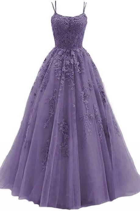 Purple Lace Appliques Formal Dresses Long Spaghetti Straps Tulle Prom Dresses Sa1173