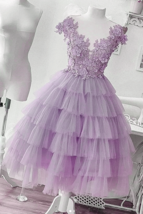 Lavener Layers Tulle With Lace Short Evening Party Dress Cute Formal Dress Sa1190