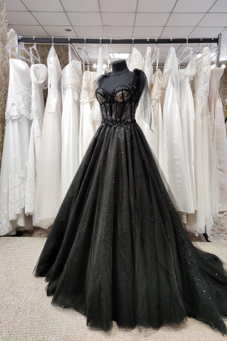 Black Tulle Sweetheart Lace And Beaded Long Tulle Formal Dress Evening Party Dresses Sa1198