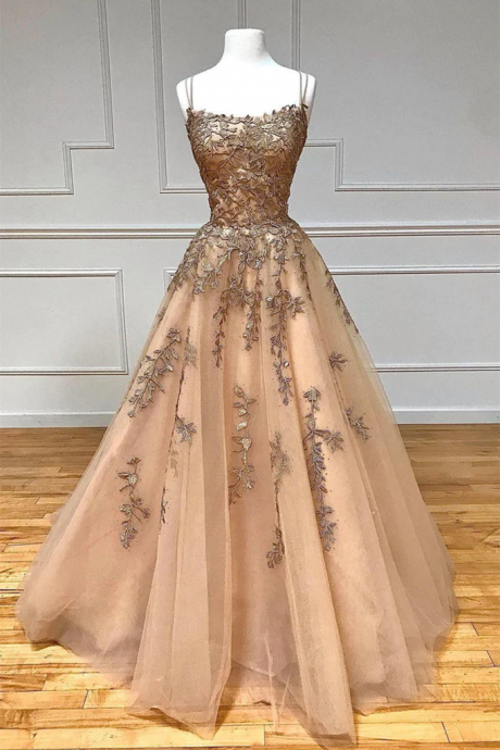 Champagne Lace Tulle Long Prom Dress Formal Evening Dress Ball Gown Sa1203