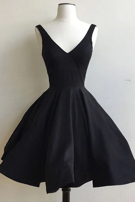 Satin V-neckline Knee Length Evening Party Dress Black Formal Dress Sa1213