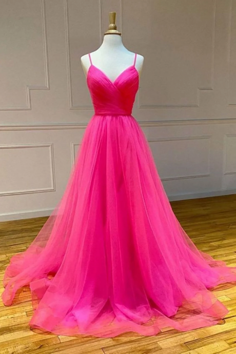 Pink Tulle Cross Back Long Formal Dress Tulle Evening Dress Sa1218