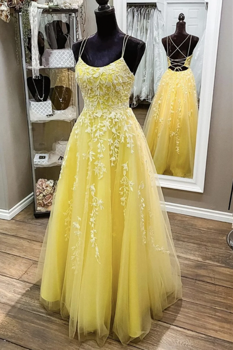 Tulle Long Formal Dress With Lace Yellow Prom Party Dresses Sa1219
