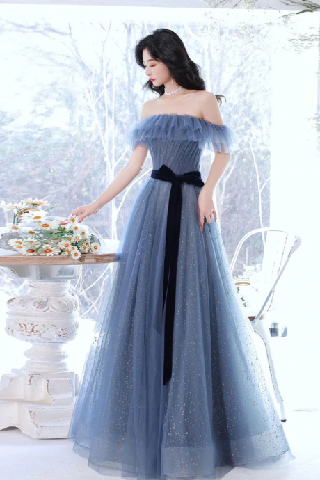 Blue Simple Tulle Prom Dress With Black Belt A-line Tulle Party Dresses Sa1222