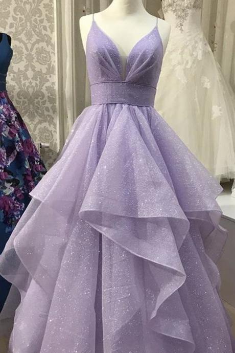 Lavender Shiny Tulle Straps Long Evening Gown Formal Dress Light Purple Prom Dresses Sa1231