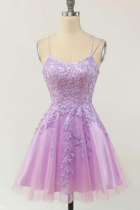 Cute Purple Lace And Tulle Short Straps Homecoming Dress Prom Dress Formal Dresses Sa1234