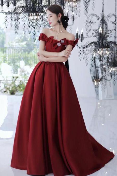 Off Shoulder Bridal Gown Burgundy Evening Dress Glamorous Party Prom Dress With Flower Applique Sa1242