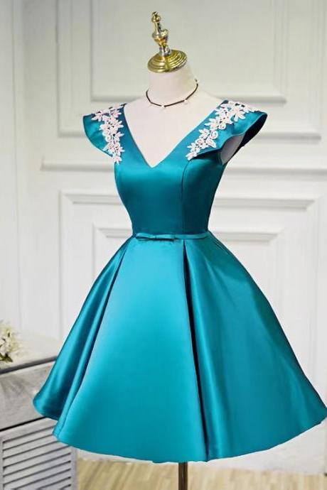 Short Formal Dress Blue Evening Dress, V-neck Cocktail Dress, Princess Homecoming Dress Sa1254