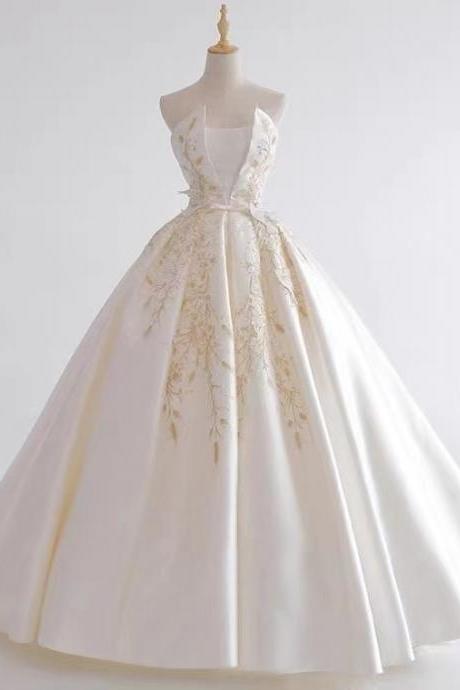 Strapless Wedding Dress, Palace Simple, Long Trailing Vintage Satin Wedding Formal Dress Sa1258