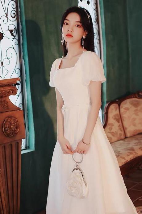 White Evening Dress,short Sleeve Formal Dress, Temperament Square Collar Party Dress,custom Made Sa1262
