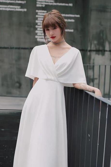 White Evening Dress,formal Dress, Temperament Satin Dress V-neck Light Luxury Prom Dress Sa1266