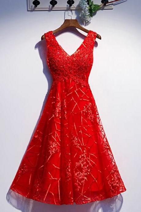 Red Homecoming Dress, Formal Dress,elegant Midi Dress With Beads,custom Made Sa1274