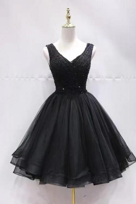 V-neck Birthday Party Evening Dress,formal Dress,black Beaded Pompous Dress Sa1283