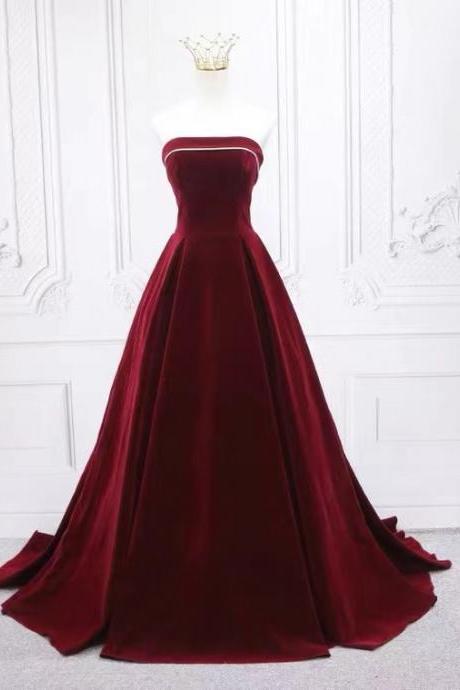 Burgundy Velvet Evening Dress,fornal Dres, Fashion Vintage Prom Dress Sa1284