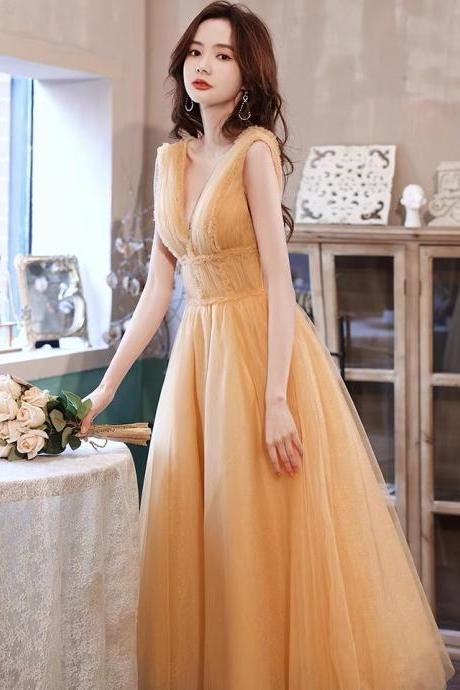 V-neck Party Dress,formal Dress, Yellow Bridesmaid Dress, Lady&amp;#039;s Birthday Dress Sa1286