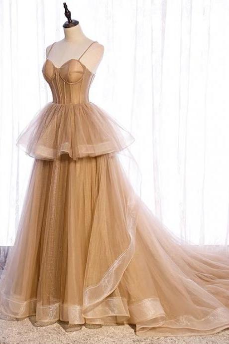 Spaghetti Strap Evening Dress, Long Formal Party Dress, Sexy Gold Prom Dress Sa1299