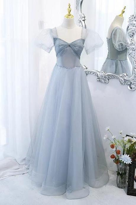 Gray Blue Evening Dress, Sweet Formal Party Dress, Bubble Sleeve Prom Dress Sa1300