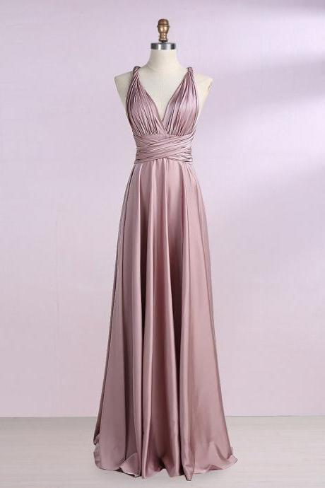 A-line V-neck Blush Stretch Satin Formal Dress Convertible Prom Bridesmaid Dress Sa1319
