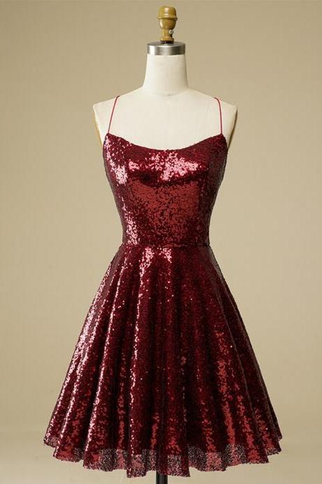 Red Sequin Straps Burgundy Homecoming Dress,formal Dress Sa1321