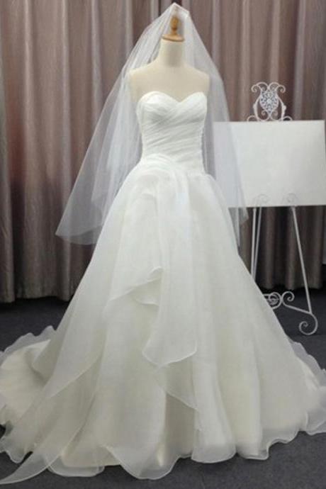 A-line Sweetheart Sleeveless Formal Dress Sweep Train Ruched Organza Wedding Dress Sa1323