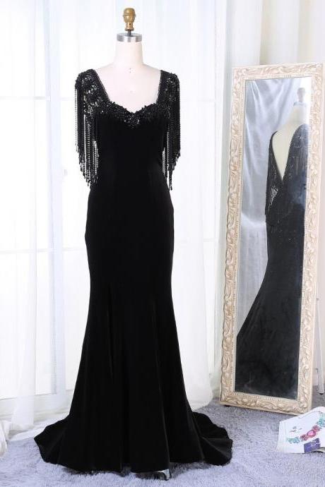 Mermaid Square Sweep Train Formal Dress Black Satin Backless Prom Dress With Beading Sa1326