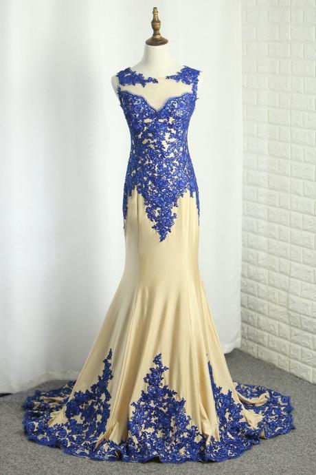 Mermaid Spandex Scoop Prom Dresses With Applique Sweep Train Formal Dress Sa1326